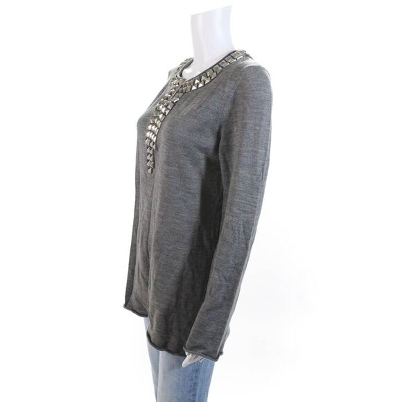 Tory Burch Womens Merino Wool Studded Long Sleeve Tunic Knit Top Gray Size L - Picture 2 of 6
